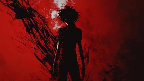 Silhouetted anime figure emerging from chaotic red void.