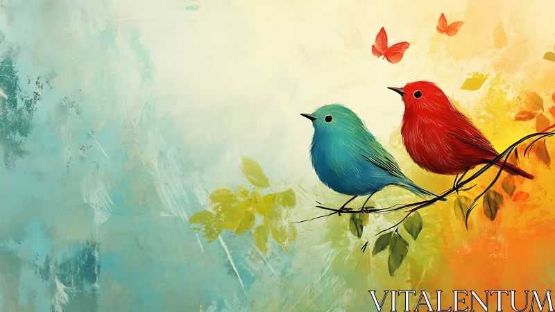 Two Colorful Birds on Branch in Vibrant Digital Painting Style.