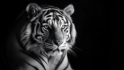 Monochrome tiger portrait in dramatic low key lighting.
