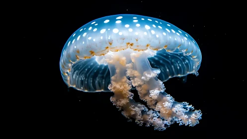 Spotted blue jellyfish in dark aquatic environment.