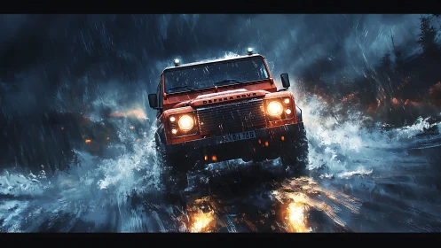 Red off road SUV drives through deep water in heavy rain