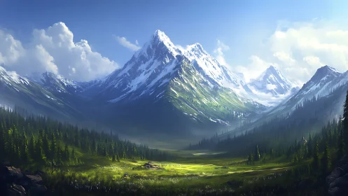 Sunlit alpine valley unfolds beneath towering snowy peaks