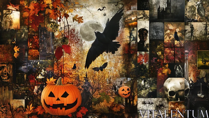Moonlit crows and jack o lanterns haunt an autumn collage.