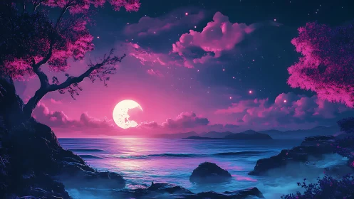 Moonrise in candy-neon tides over dreamlit shoreline.