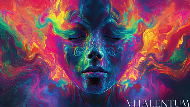 Luminous abstract face dissolves into swirling neon waves