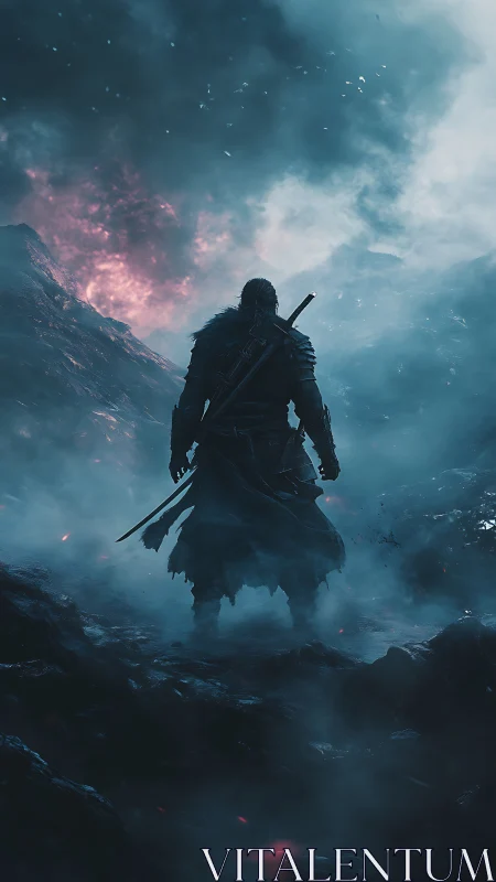 Lone warrior strolling through misty volcanic twilight.