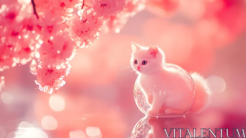 Pink Cat in Glowing Bubble Surrounded by Cherry Blossoms.