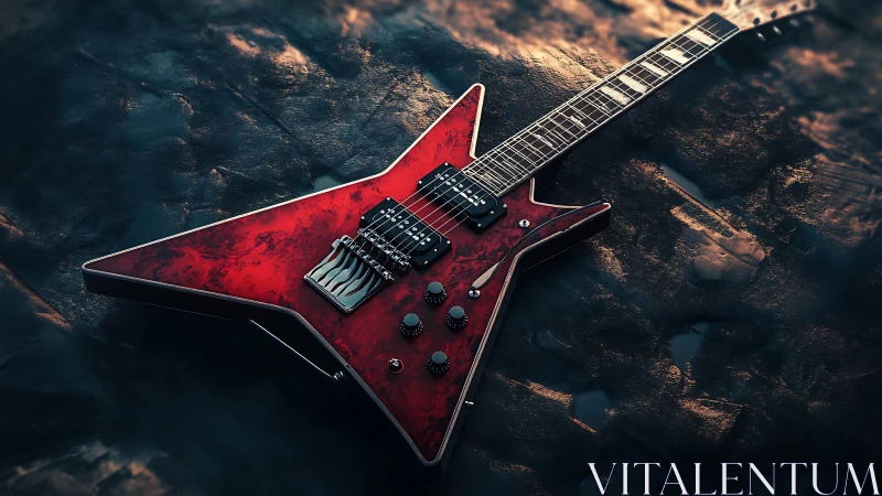 Red metal electric guitar on textured dark surface.