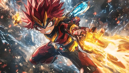 Blazing cyber hero unleashes twin elemental energy blasts.