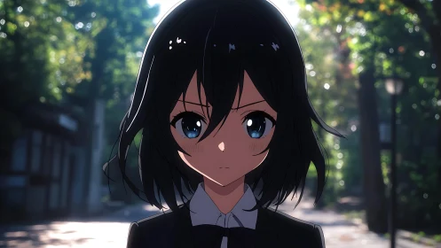 Serious anime schoolgirl walking alone on sunlit path.