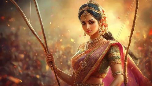 Radiant warrior princess poised with bow in golden storm.