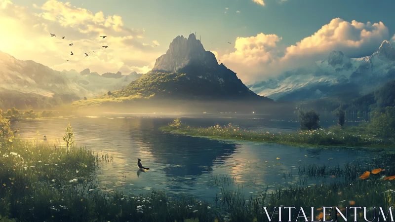 Mountain lake landscape shows layered depth and soft lighting