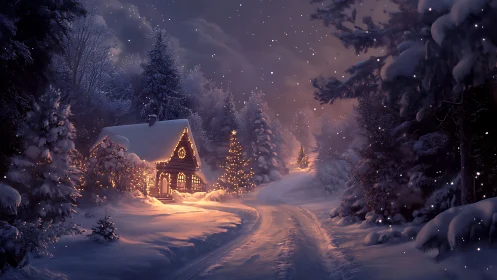Snow-covered forest cabin is illuminated by warm seasonal lights