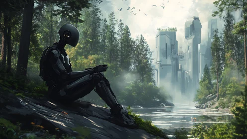 Solitary android contemplates river before misted megacity.