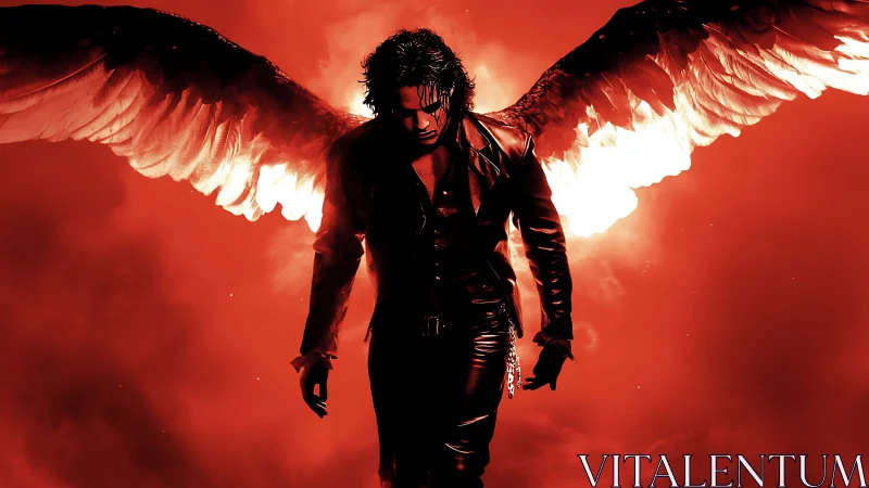 Dark-winged figure descends against saturated crimson backlight