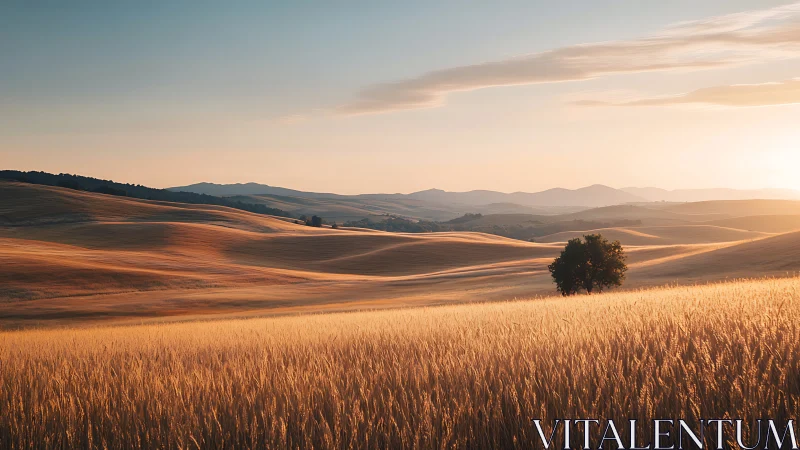 Sunlit wheat waves rolling across tranquil golden hills.