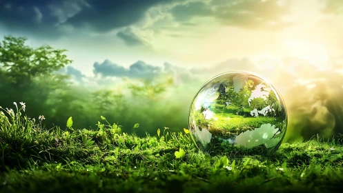 Spherical glass earth reflecting verdant forest sunrise scene.
