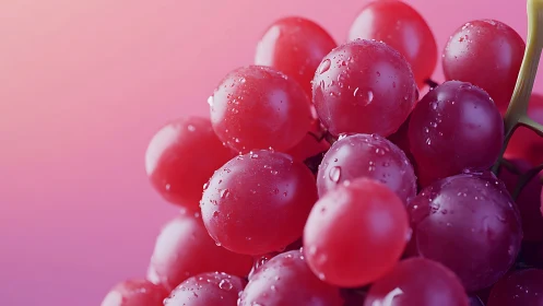 Juicy red grapes glisten softly against a pink glow.