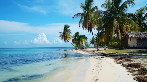 Tropical Island Beach Serenity with Palm Trees and Thatched Roof Hut