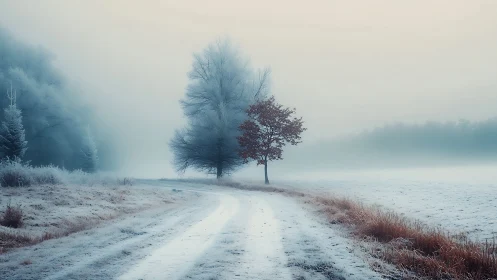 Frosty country lane courting two lonely winter trees.