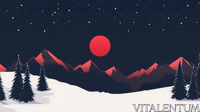 Minimalist winter range with red celestial disk and stark contrast