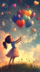 Figure Holding Colorful Heart-Shaped Balloons in Sky.