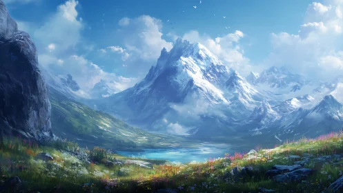 Snow-covered mountain range above alpine lake and meadow.