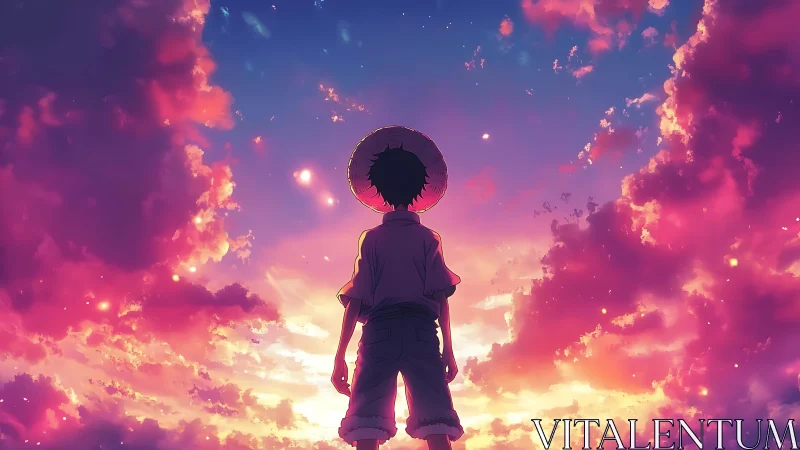 Backlit youth observing volumetric sunset cloudscape horizon.