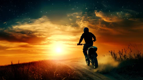 Motorcyclist rides into a blazing dreamlike sunset sky.