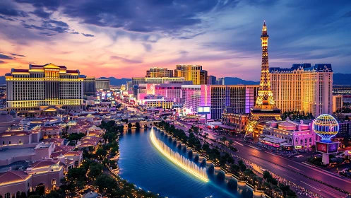 Las Vegas Strip skyline glows at dusk with vivid neon lighting