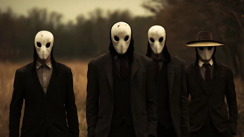 Masked figures in suits stand in eerie autumn field at dusk.