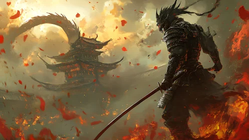 Armored warrior facing burning pagoda amid swirling smoke.