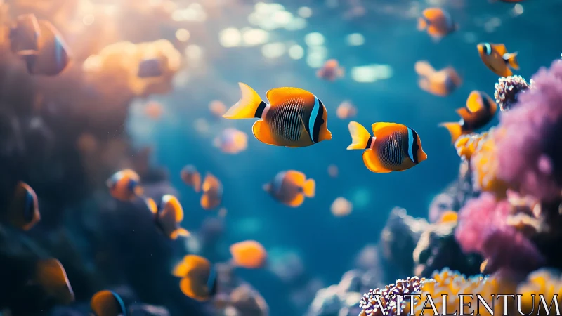 Clownfish school over coral reef in filtered ocean light.
