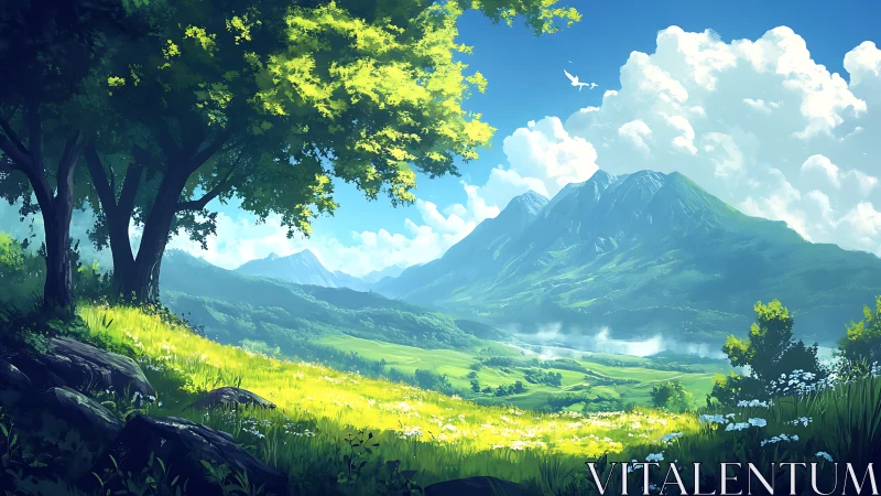 Luminous summer valley under cumulus clouds and distant peaks