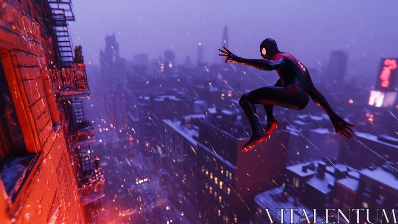 Masked superhero leaps over snowy neon city skyline at night.