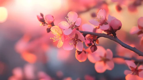 Soft pink blossoms in dreamy sunset bokeh glow.