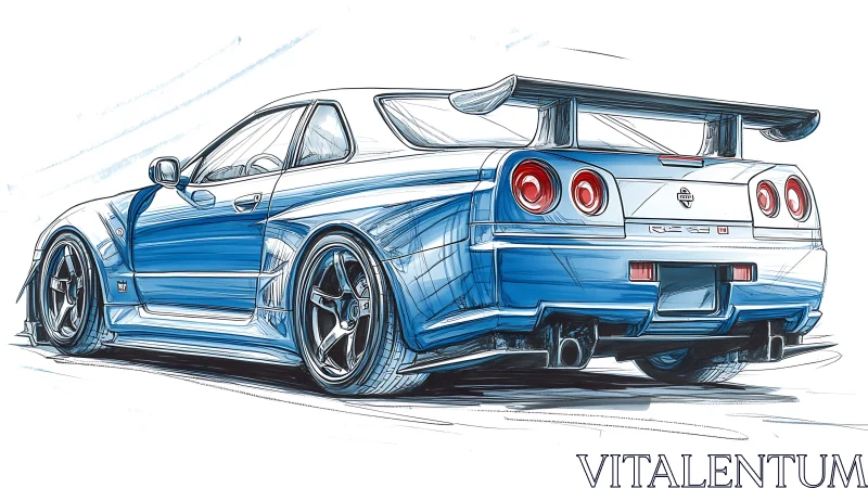 Technical sketch of blue Nissan Skyline GT-R R34 rear three-quarter