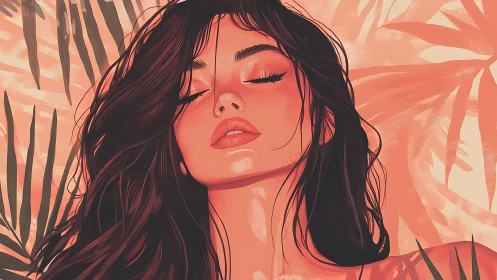 Serene woman portrait in warm tropical digital painting.
