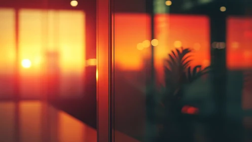 Office glass panels reflecting saturated urban sunset glow.