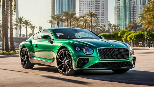 Emerald luxury coupe gliding through a palm-lined city street.
