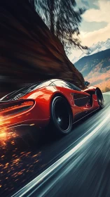 Scarlet supercar slingshots through a glowing mountain pass