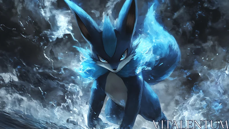 Blazing blue fox warrior strides forward in swirling energy