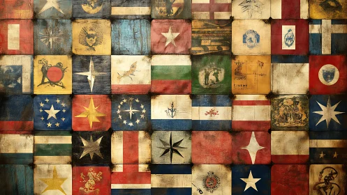 Vintage heraldic flag grid on distressed wooden panels.
