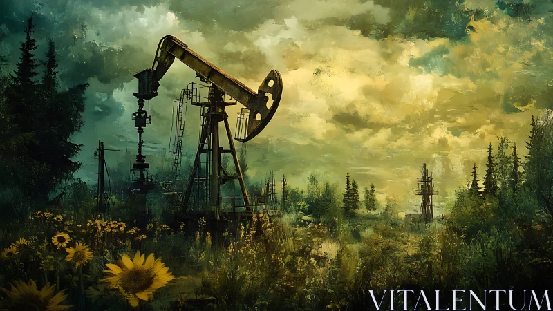 Oil pumpjack rises over wildflowers under turbulent sky