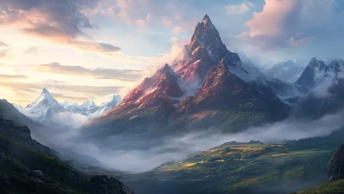 Sunlit alpine peak dominates layered valley under diffuse mist