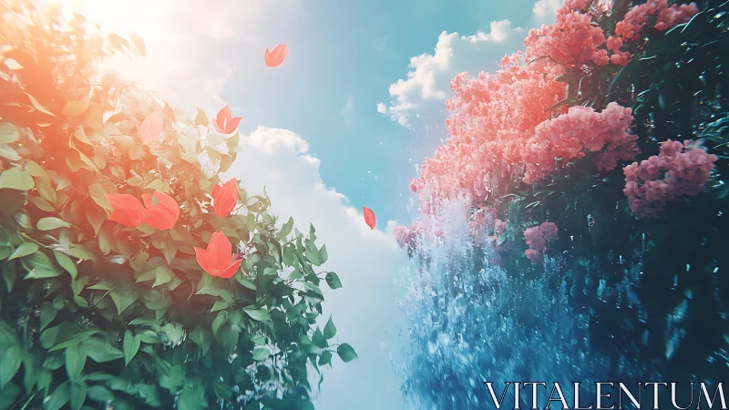 Digital render of oversized pink flowering plants against bright sky