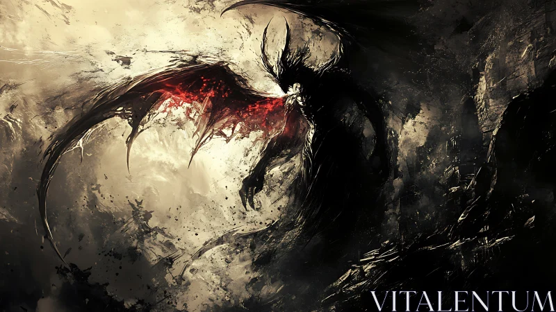 Demonic winged figure emerges from swirling dark void