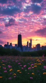 Vertical city skyline at sunset above wildflower meadow field