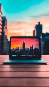 Sunset skyline trapped in a laptop on a rooftop desk.