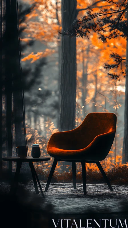 Silhouetted chair positioned beside window with forest landscape